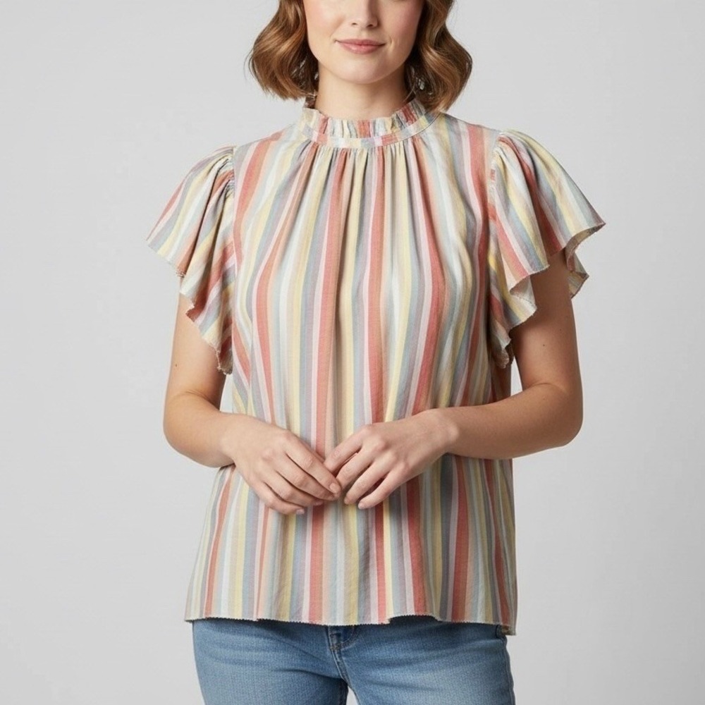 Trovata Birds of Paradis Carla Striped Ruffle Neck Flutter Sleeve Blouse Size XS